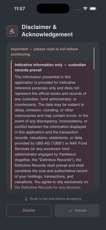 Disclaimer screen with the review confirmation