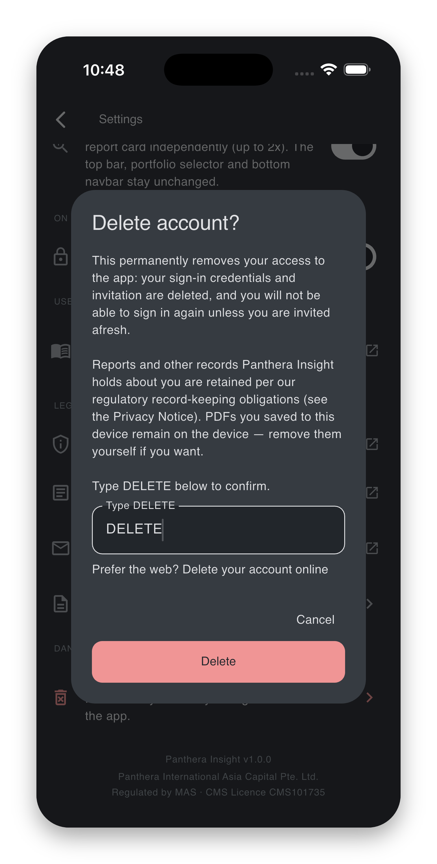 Delete-account confirmation dialog