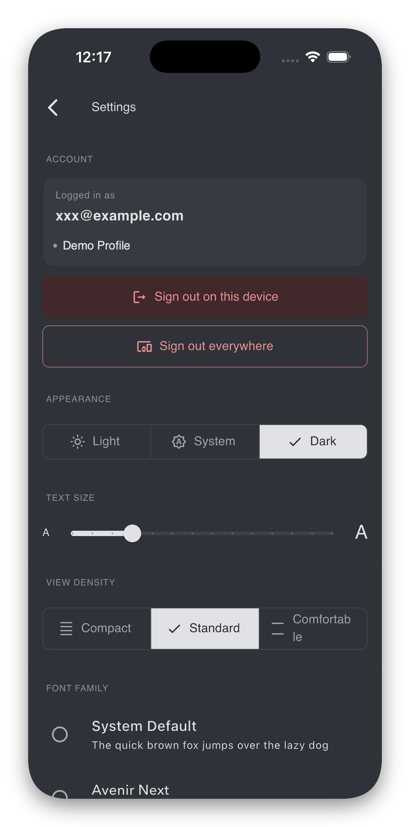 Settings screen